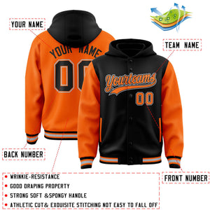 Custom Black Orange Raglan Sleeves Varsity Full-Snap Letterman Two Tone Hoodie Jacket