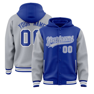 Custom Royal Gray Raglan Sleeves Varsity Full-Snap Letterman Two Tone Hoodie Jacket