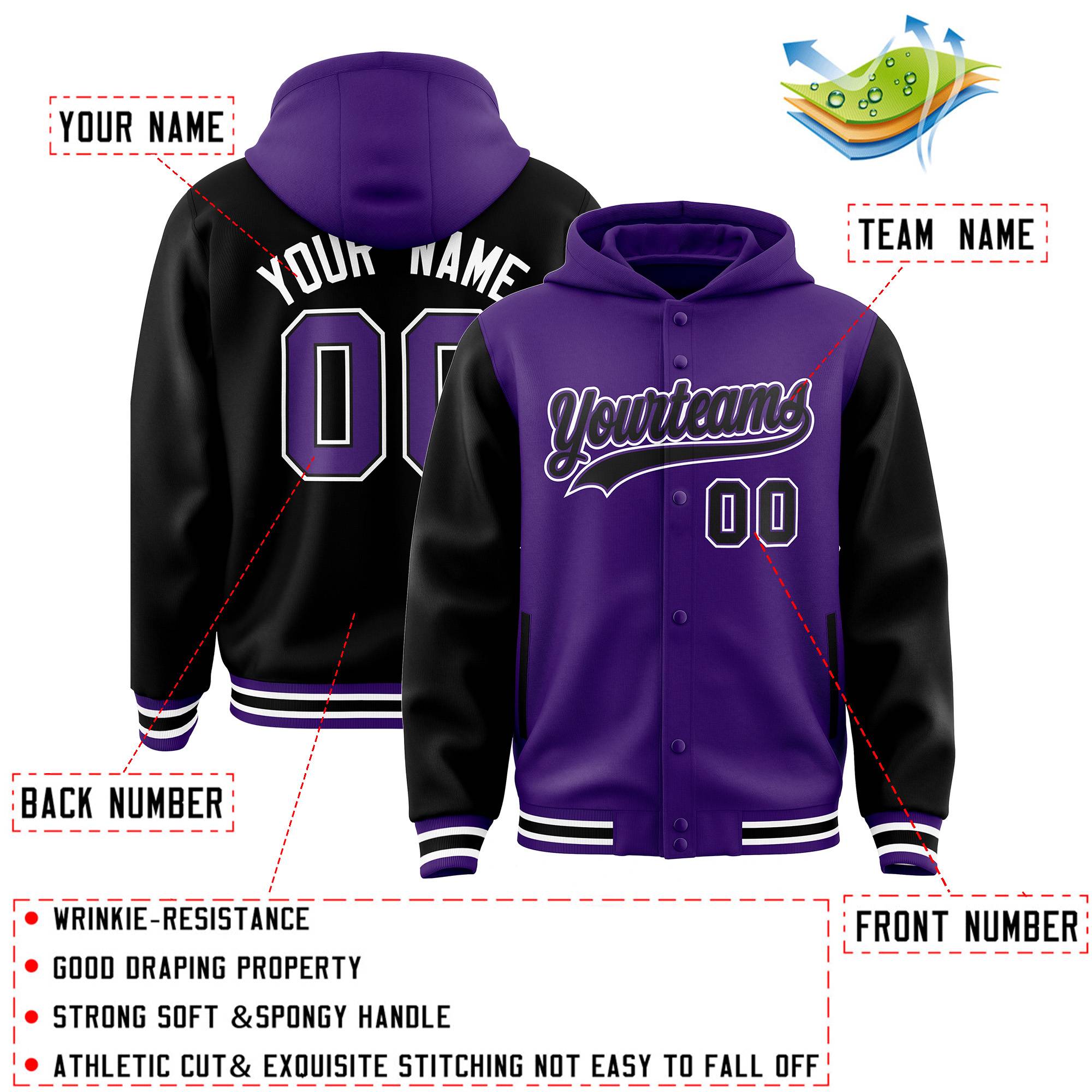 Custom Purple Black Raglan Sleeves Varsity Full-Snap Letterman Two Tone Hoodie Jacket