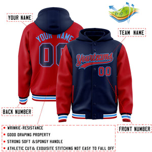 Custom Navy Red Raglan Sleeves Varsity Full-Snap Letterman Two Tone Hoodie Jacket