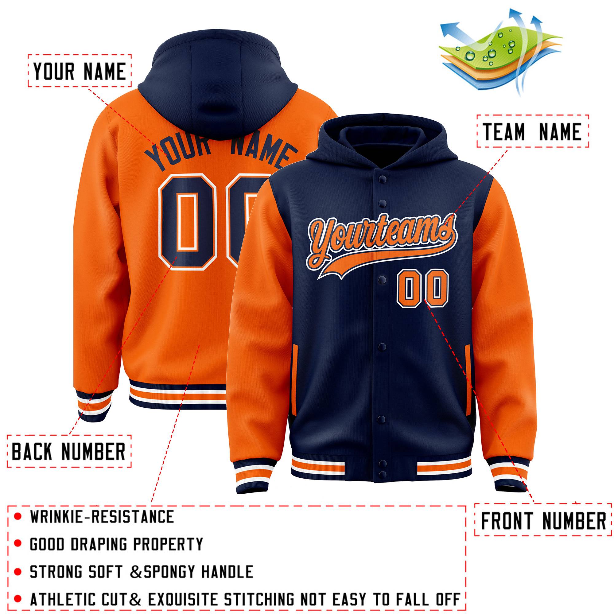 Custom Navy Orange Raglan Sleeves Varsity Full-Snap Letterman Two Tone Hoodie Jacket