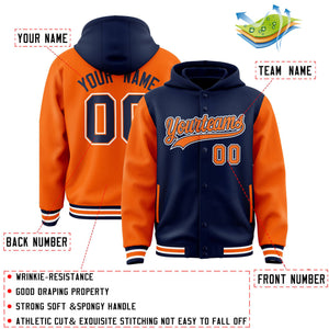 Custom Navy Orange Raglan Sleeves Varsity Full-Snap Letterman Two Tone Hoodie Jacket