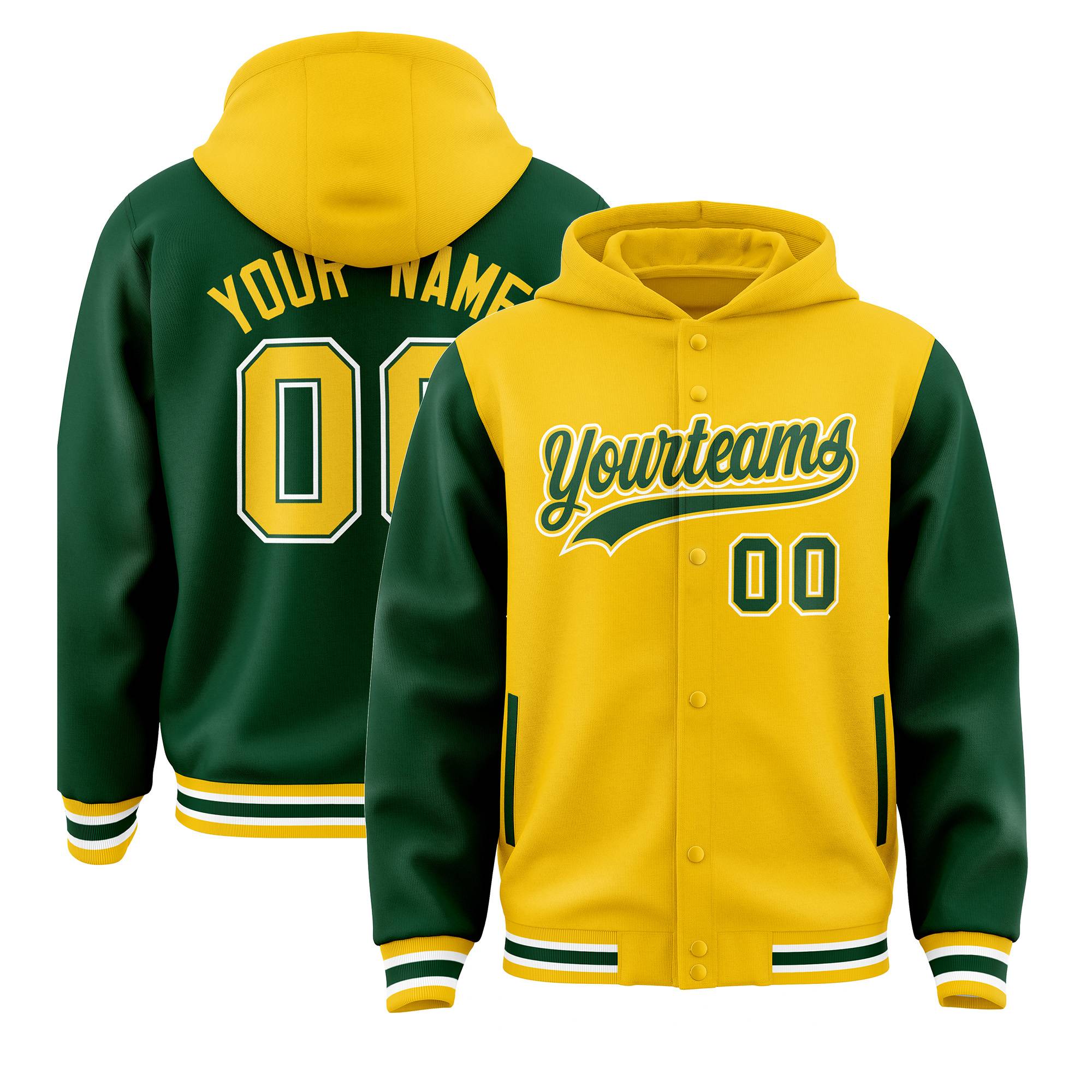 Custom Gold Green Raglan Sleeves Varsity Full-Snap Letterman Two Tone Hoodie Jacket