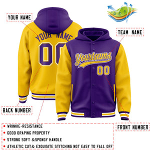 Custom Purple Gold Raglan Sleeves Varsity Full-Snap Letterman Two Tone Hoodie Jacket