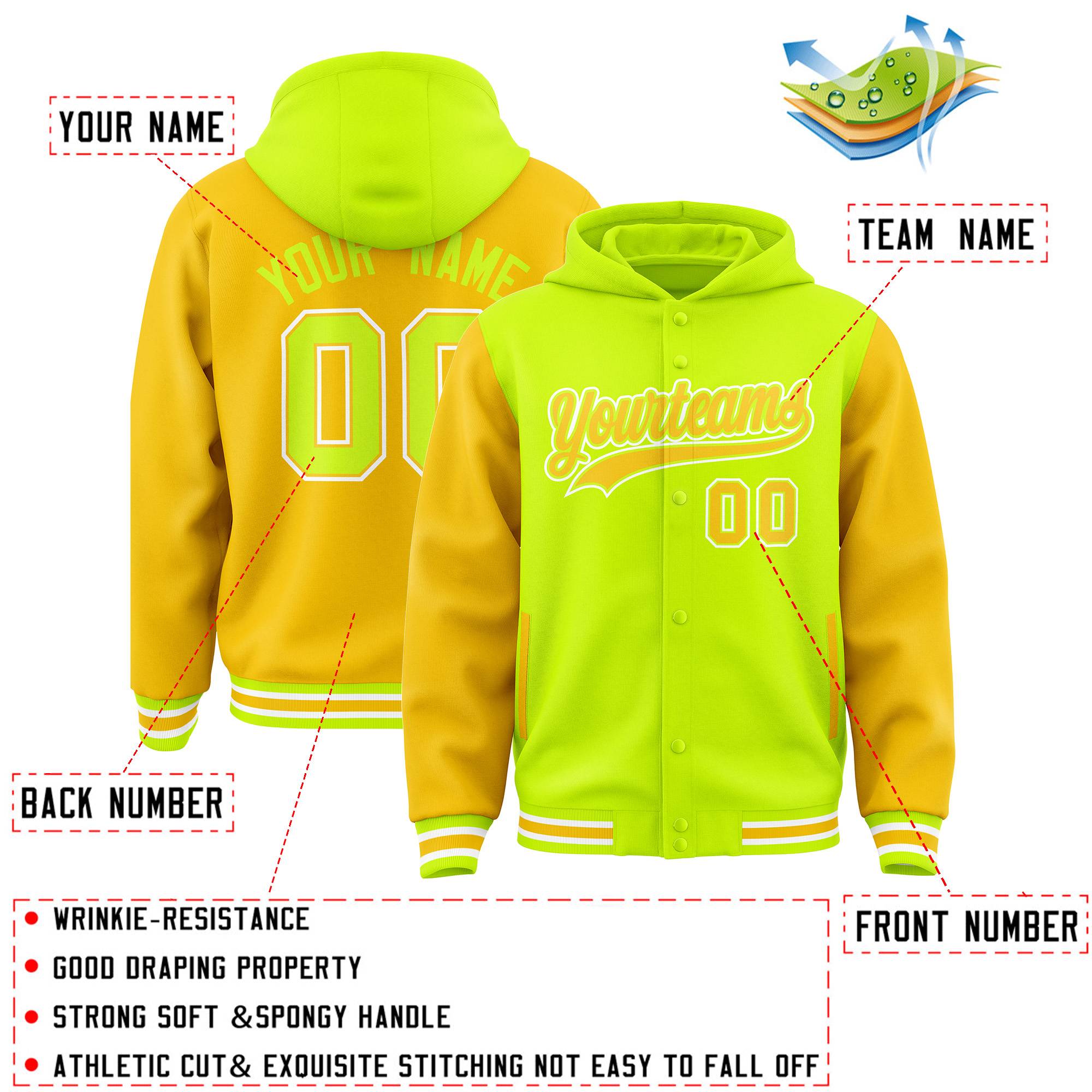 Custom Neon Green Gold Raglan Sleeves Varsity Full-Snap Letterman Two Tone Hoodie Jacket