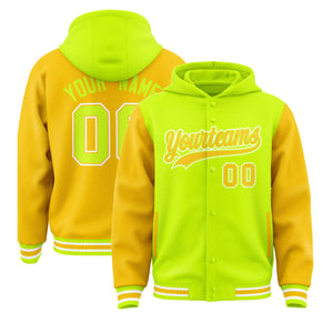 Custom Neon Green Gold Raglan Sleeves Varsity Full-Snap Letterman Two Tone Hoodie Jacket