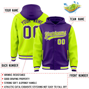 Custom Purple Neon Green Raglan Sleeves Varsity Full-Snap Letterman Two Tone Hoodie Jacket