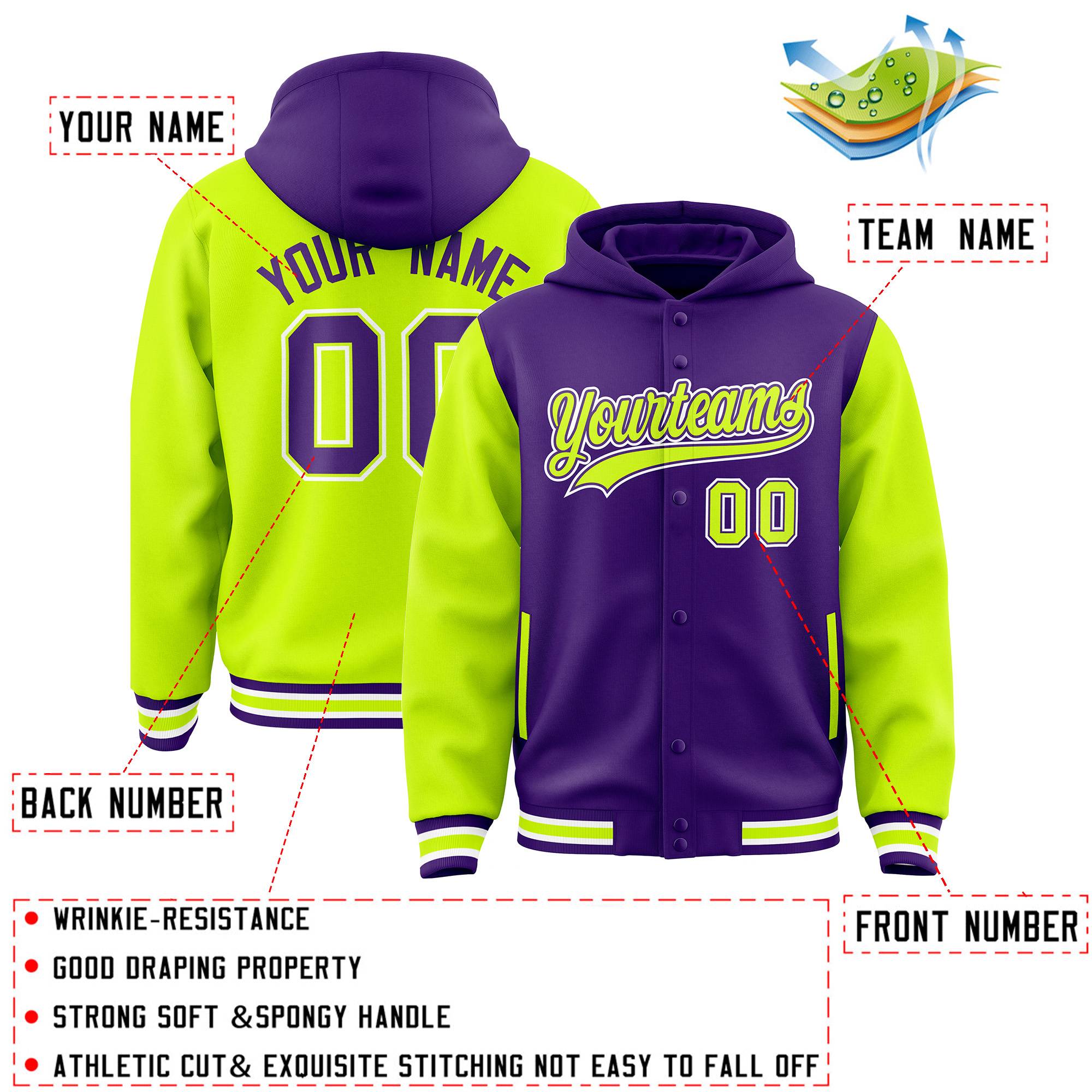 Custom Purple Neon Green Raglan Sleeves Varsity Full-Snap Letterman Two Tone Hoodie Jacket