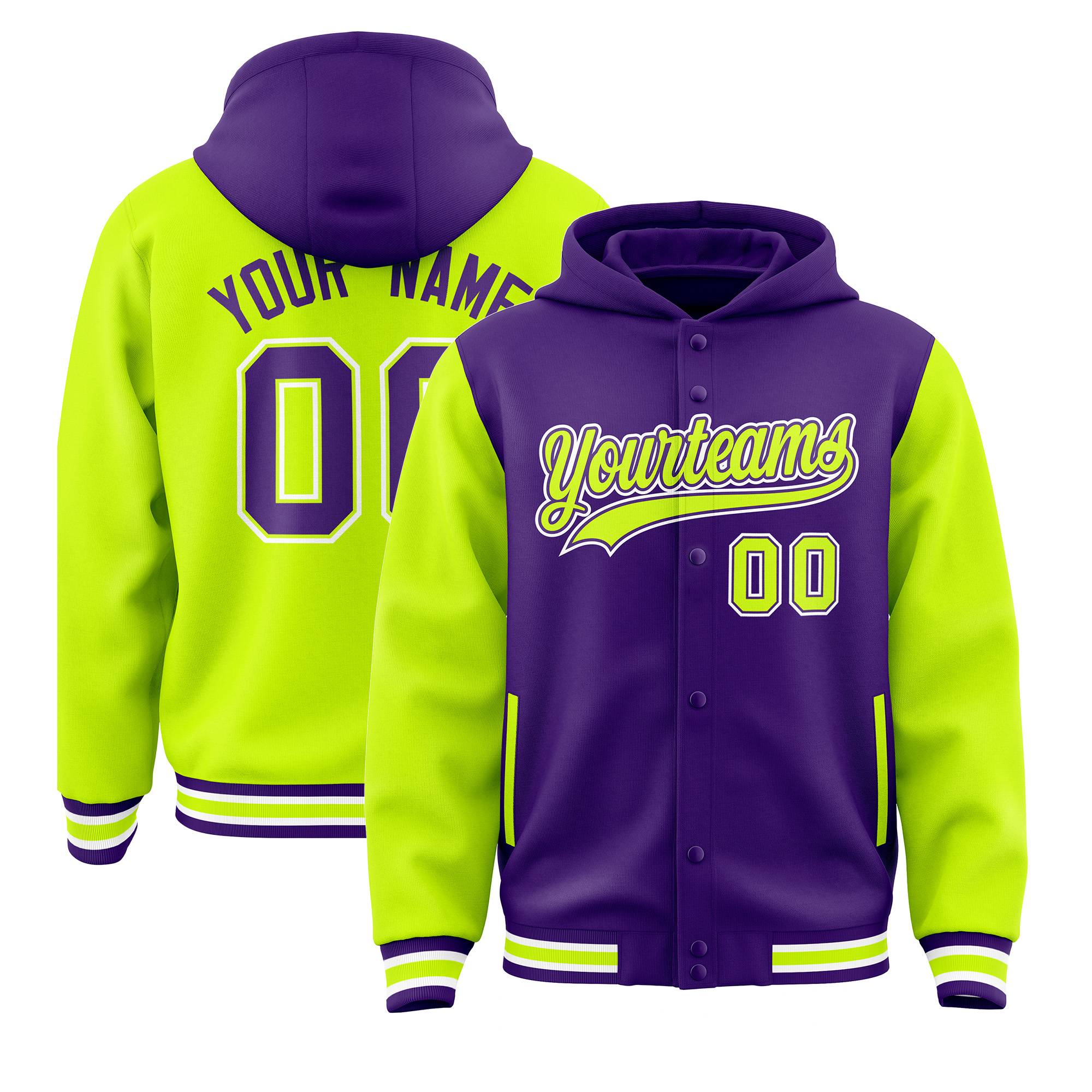 Custom Purple Neon Green Raglan Sleeves Varsity Full-Snap Letterman Two Tone Hoodie Jacket