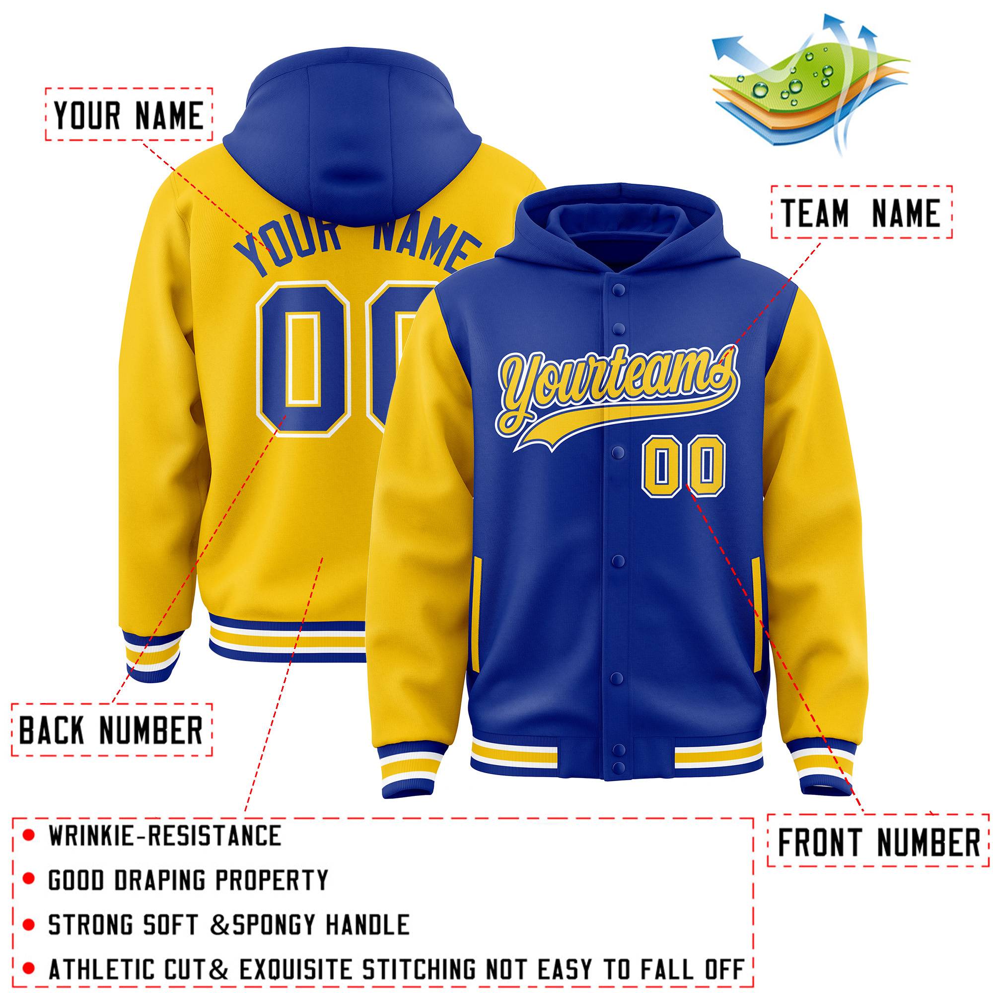 Custom Royal Gold Raglan Sleeves Varsity Full-Snap Letterman Two Tone Hoodie Jacket