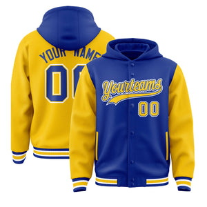 Custom Royal Gold Raglan Sleeves Varsity Full-Snap Letterman Two Tone Hoodie Jacket