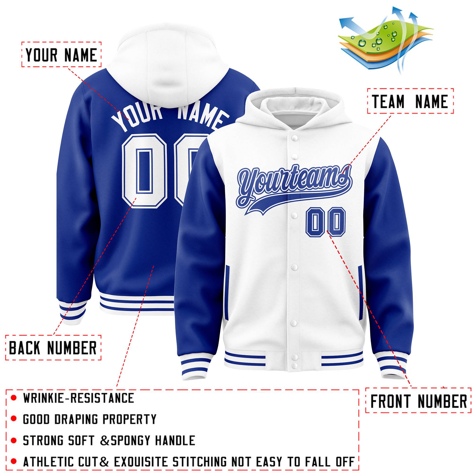 Custom White Royal Raglan Sleeves Varsity Full-Snap Letterman Two Tone Hoodie Jacket