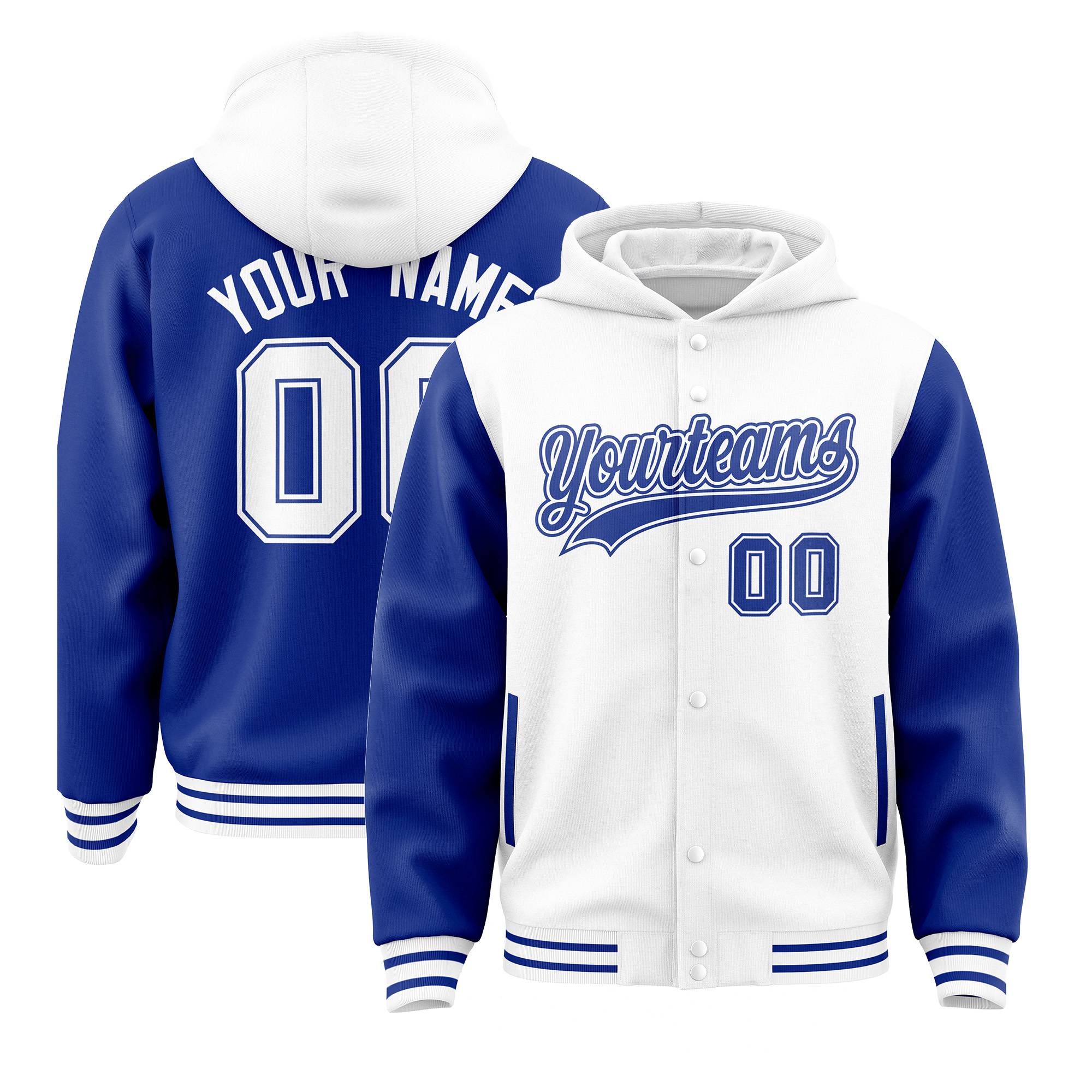 Custom White Royal Raglan Sleeves Varsity Full-Snap Letterman Two Tone Hoodie Jacket