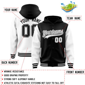 Custom Black White Raglan Sleeves Varsity Full-Snap Letterman Two Tone Hoodie Jacket