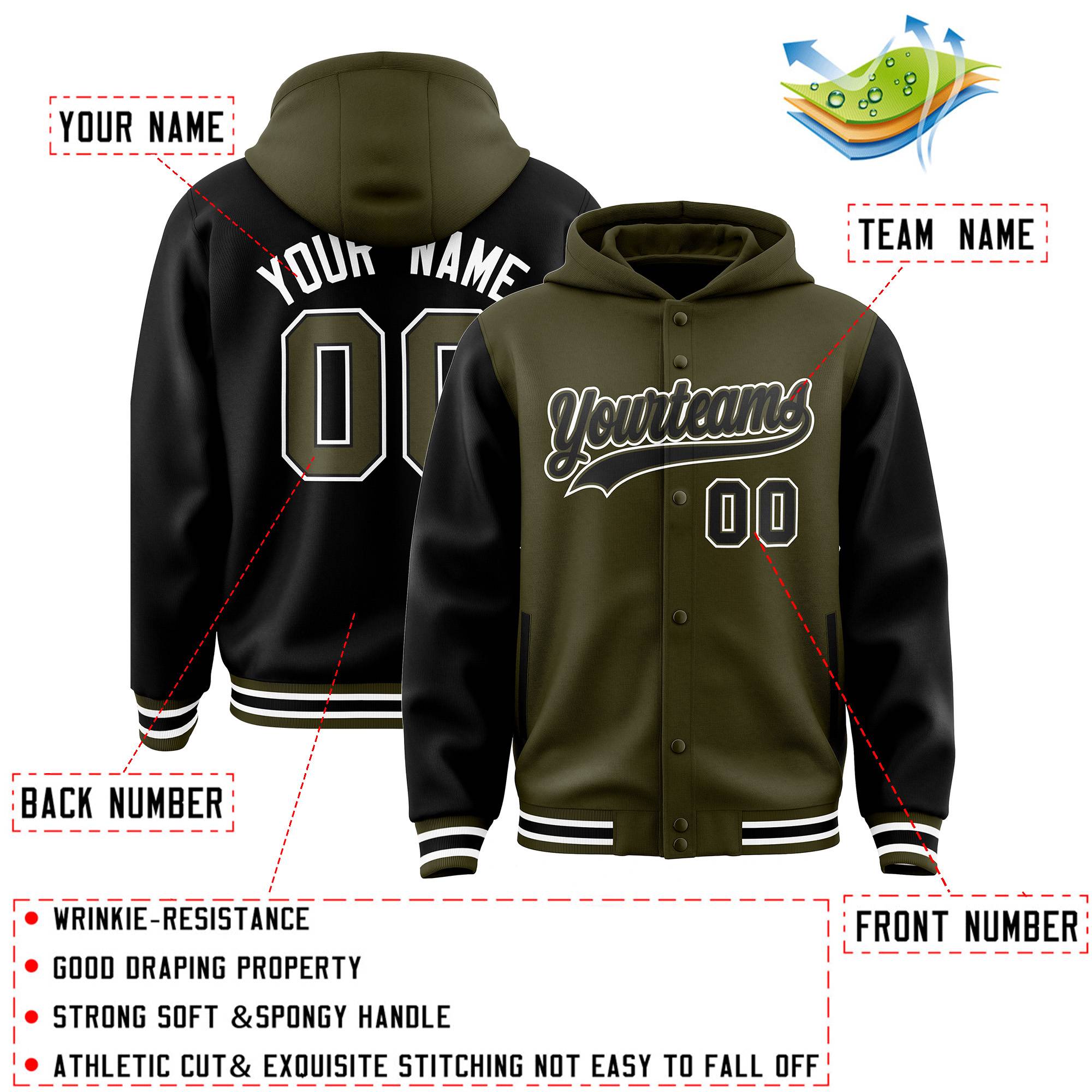 Custom Olive Black Raglan Sleeves Varsity Full-Snap Letterman Two Tone Hoodie Jacket