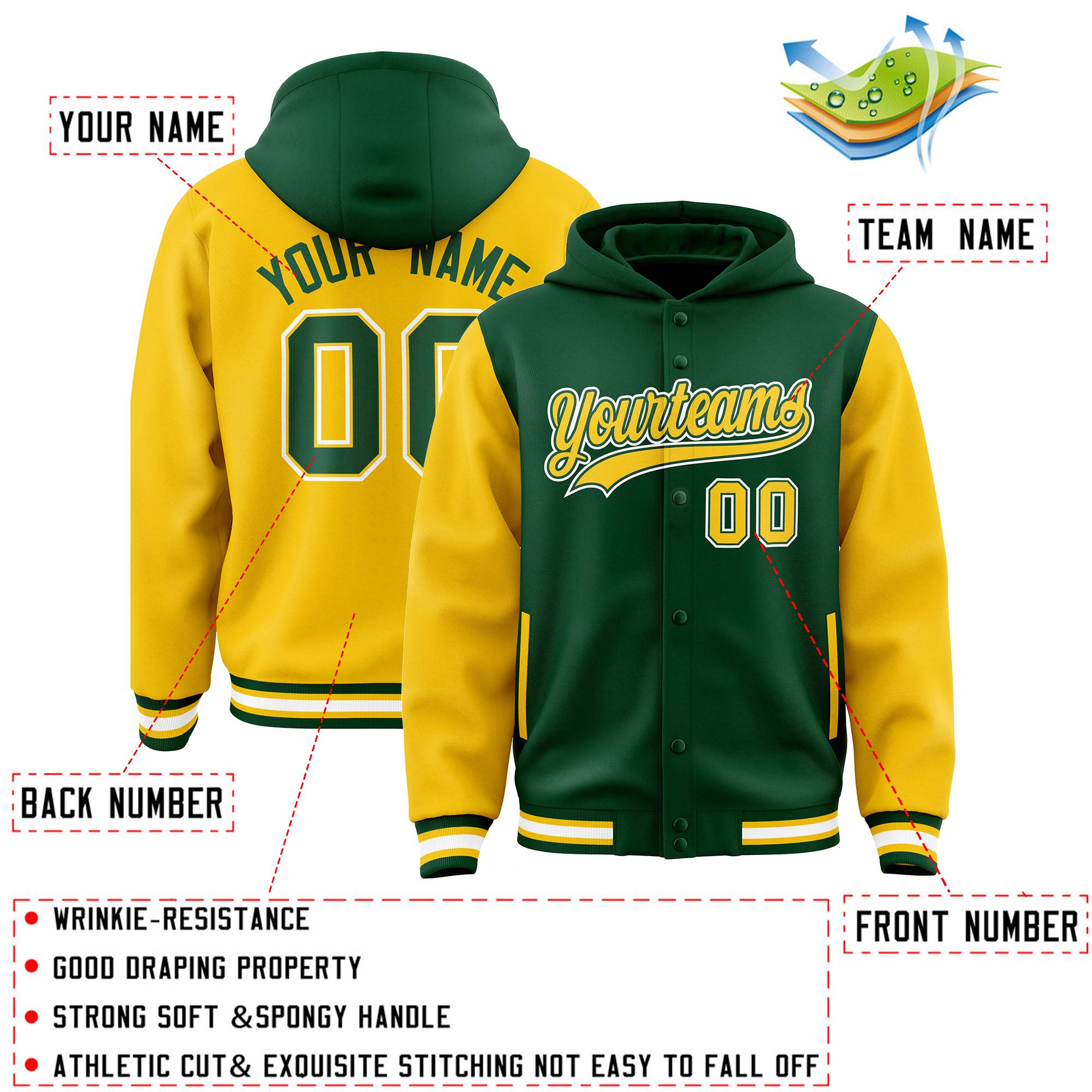 Custom Green Gold Raglan Sleeves Varsity Full-Snap Letterman Two Tone Hoodie Jacket