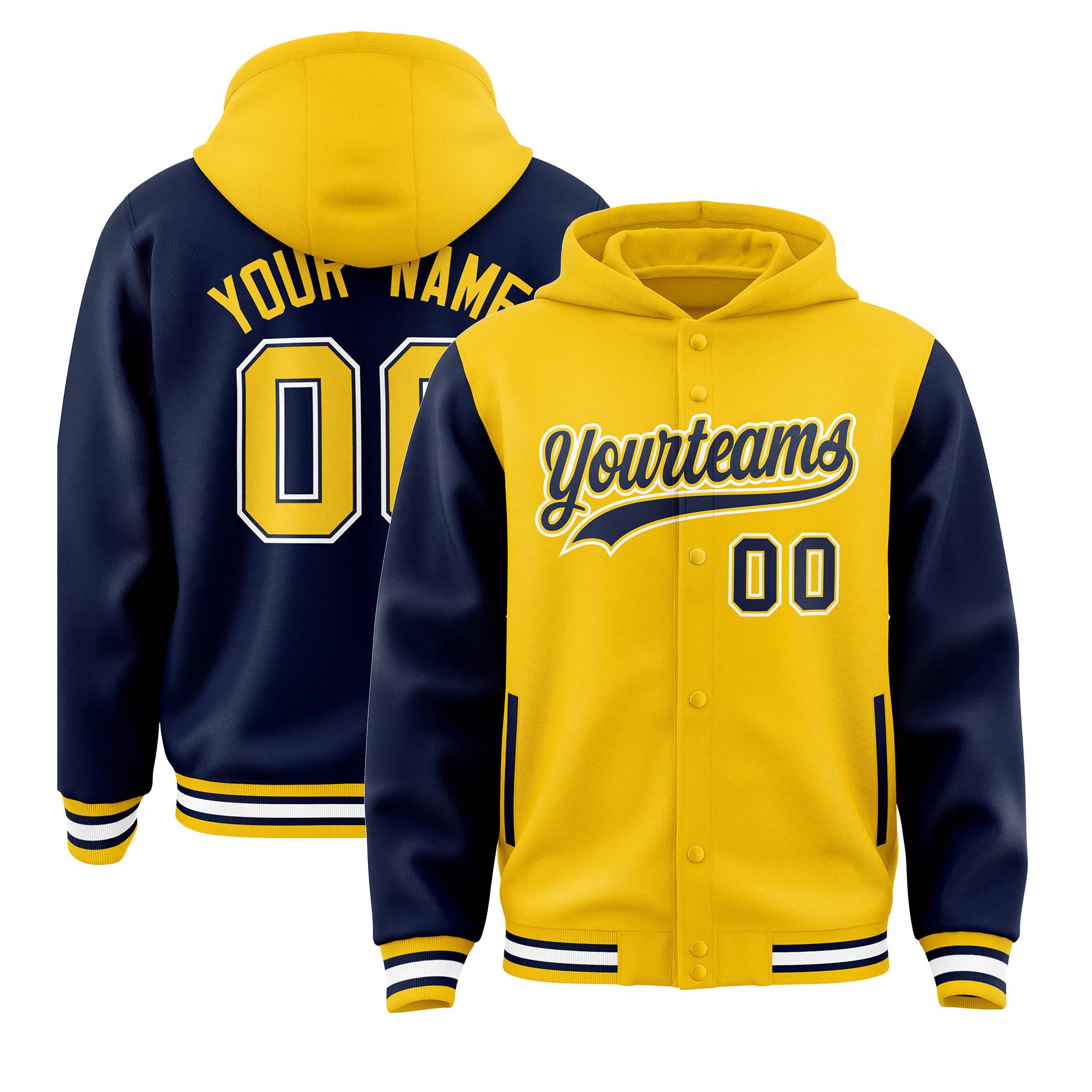 Custom Gold Navy Raglan Sleeves Varsity Full-Snap Letterman Two Tone Hoodie Jacket