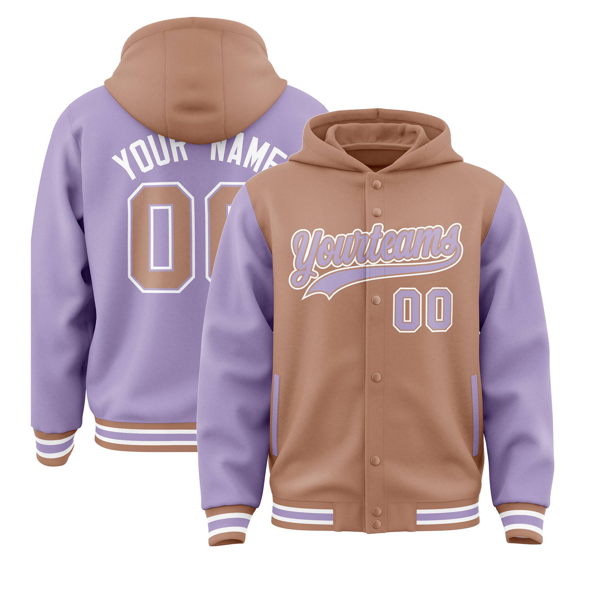 Custom Light Brown Light Purple Raglan Sleeves Varsity Full-Snap Letterman Two Tone Hoodie Jacket