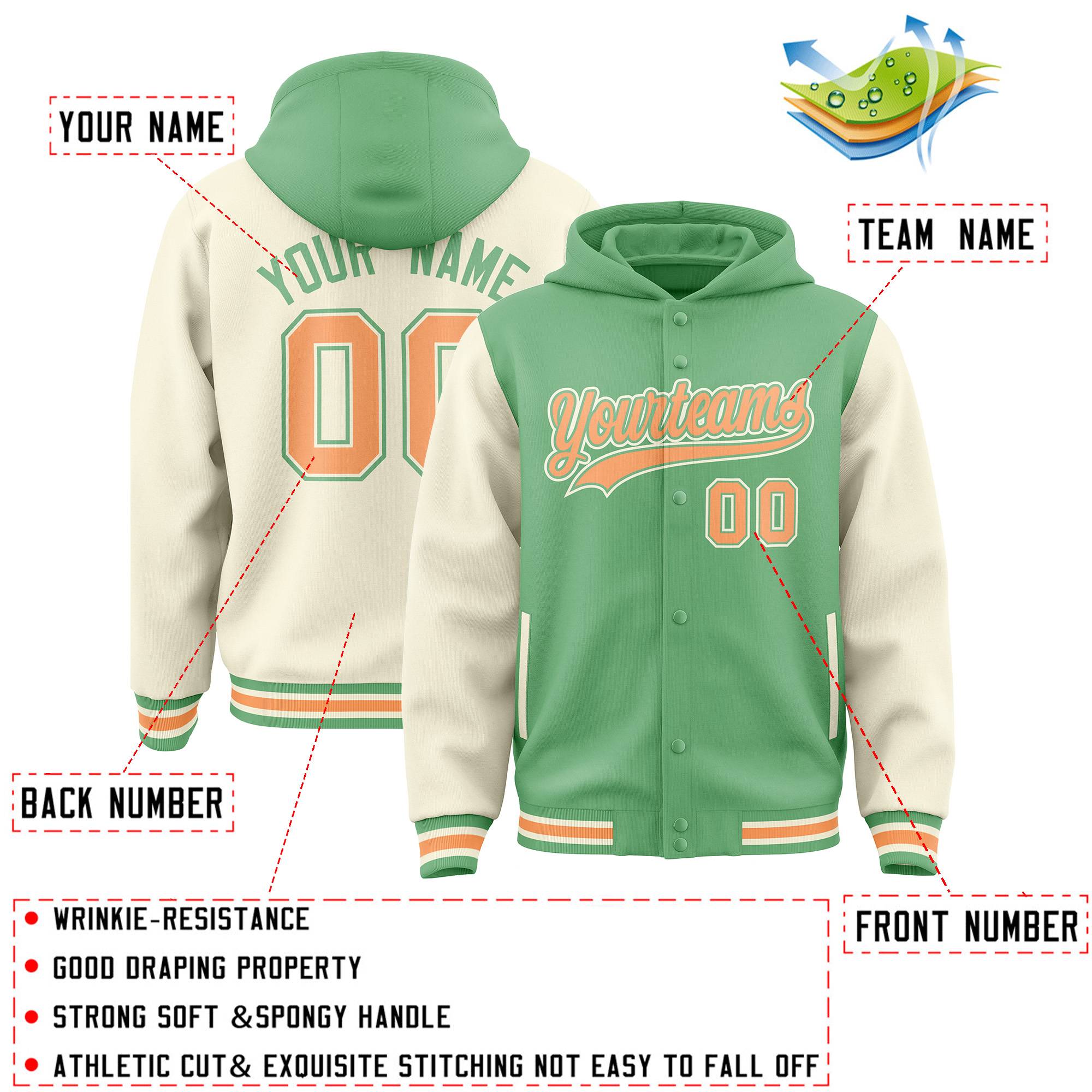 Custom Green Cream Raglan Sleeves Varsity Full-Snap Letterman Two Tone Hoodie Jacket