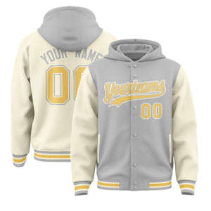 Custom Gray Cream Raglan Sleeves Varsity Full-Snap Letterman Two Tone Hoodie Jacket