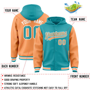 Custom Aqua Orange Raglan Sleeves Varsity Full-Snap Letterman Two Tone Hoodie Jacket