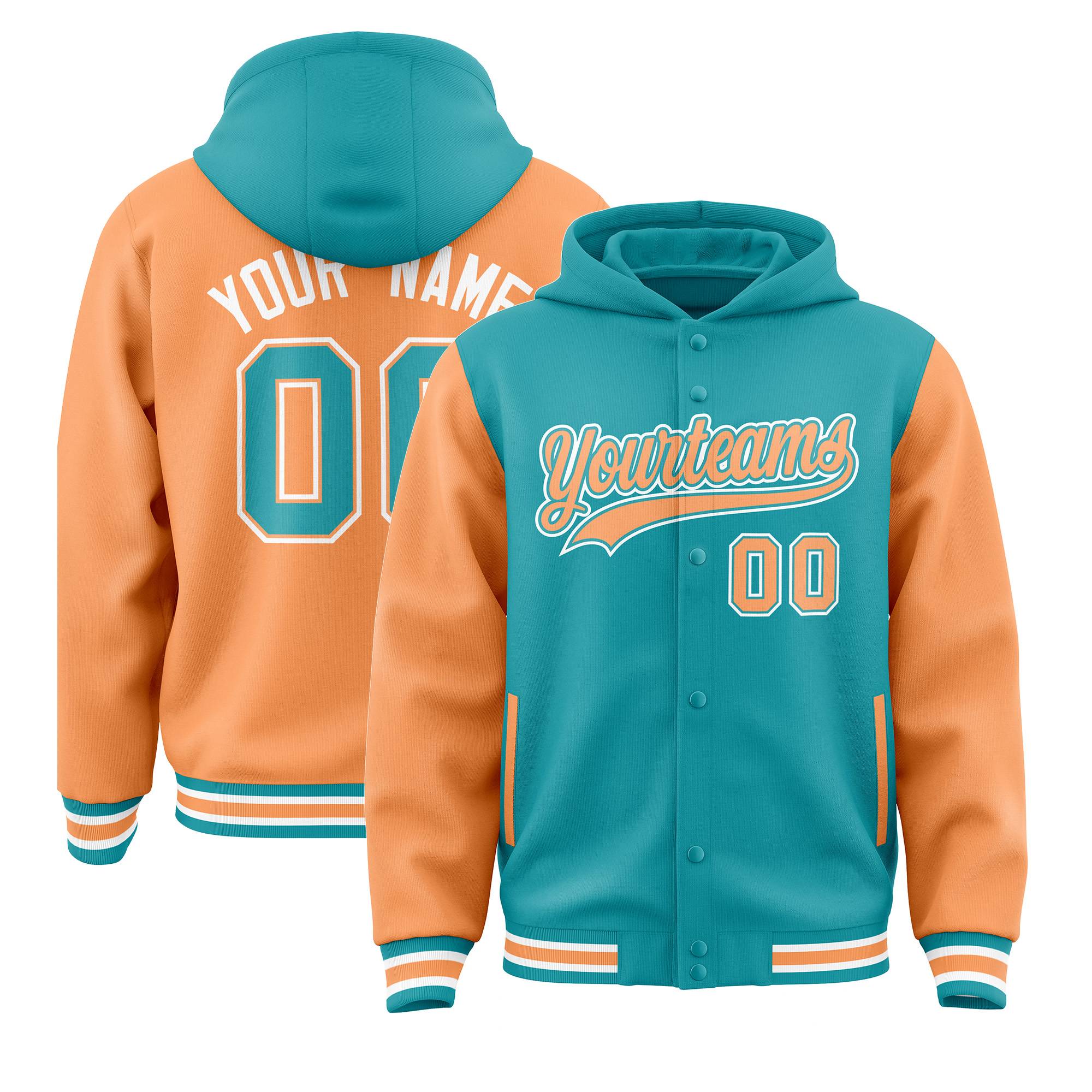 Custom Aqua Orange Raglan Sleeves Varsity Full-Snap Letterman Two Tone Hoodie Jacket