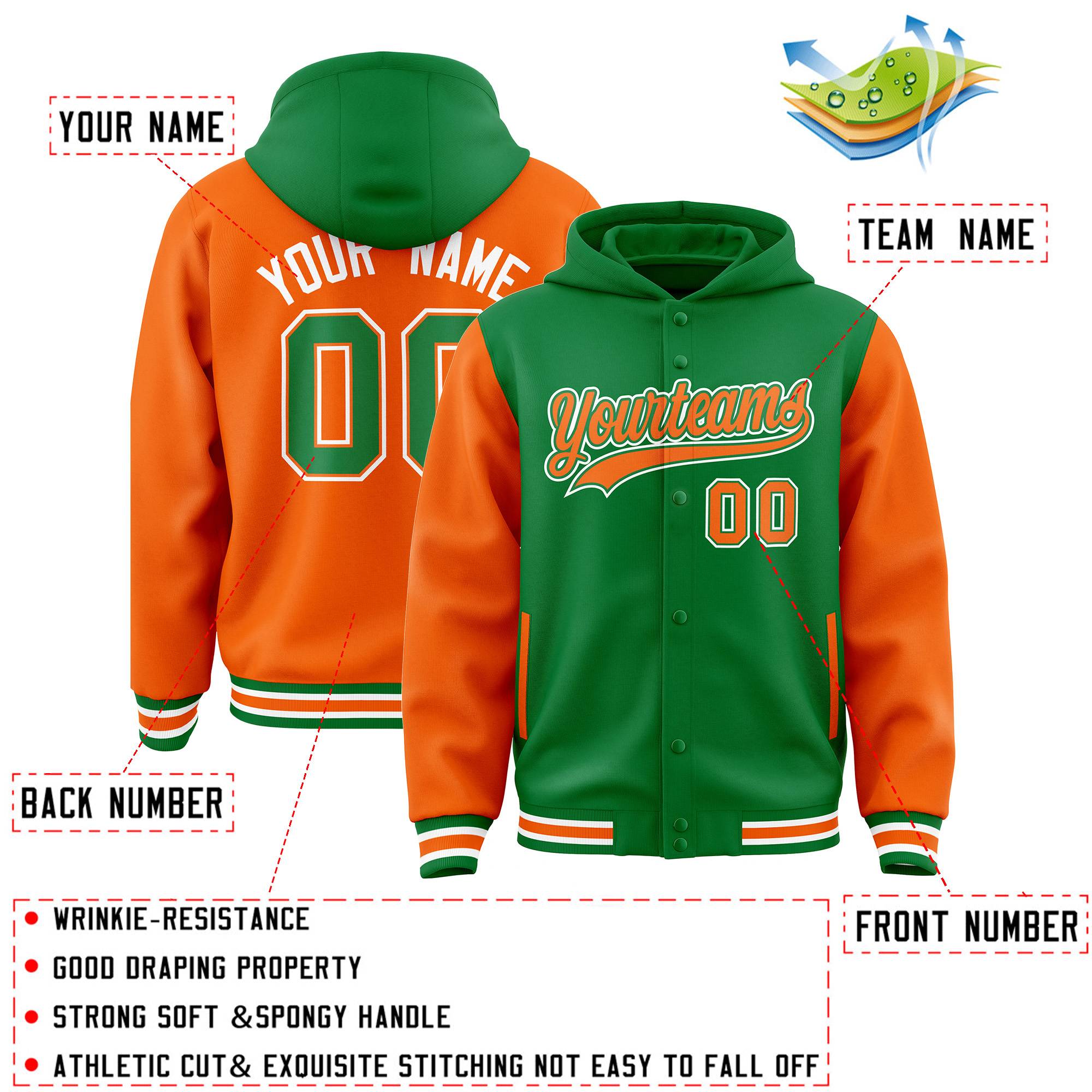 Custom Kelly Green Orange Raglan Sleeves Varsity Full-Snap Letterman Two Tone Hoodie Jacket