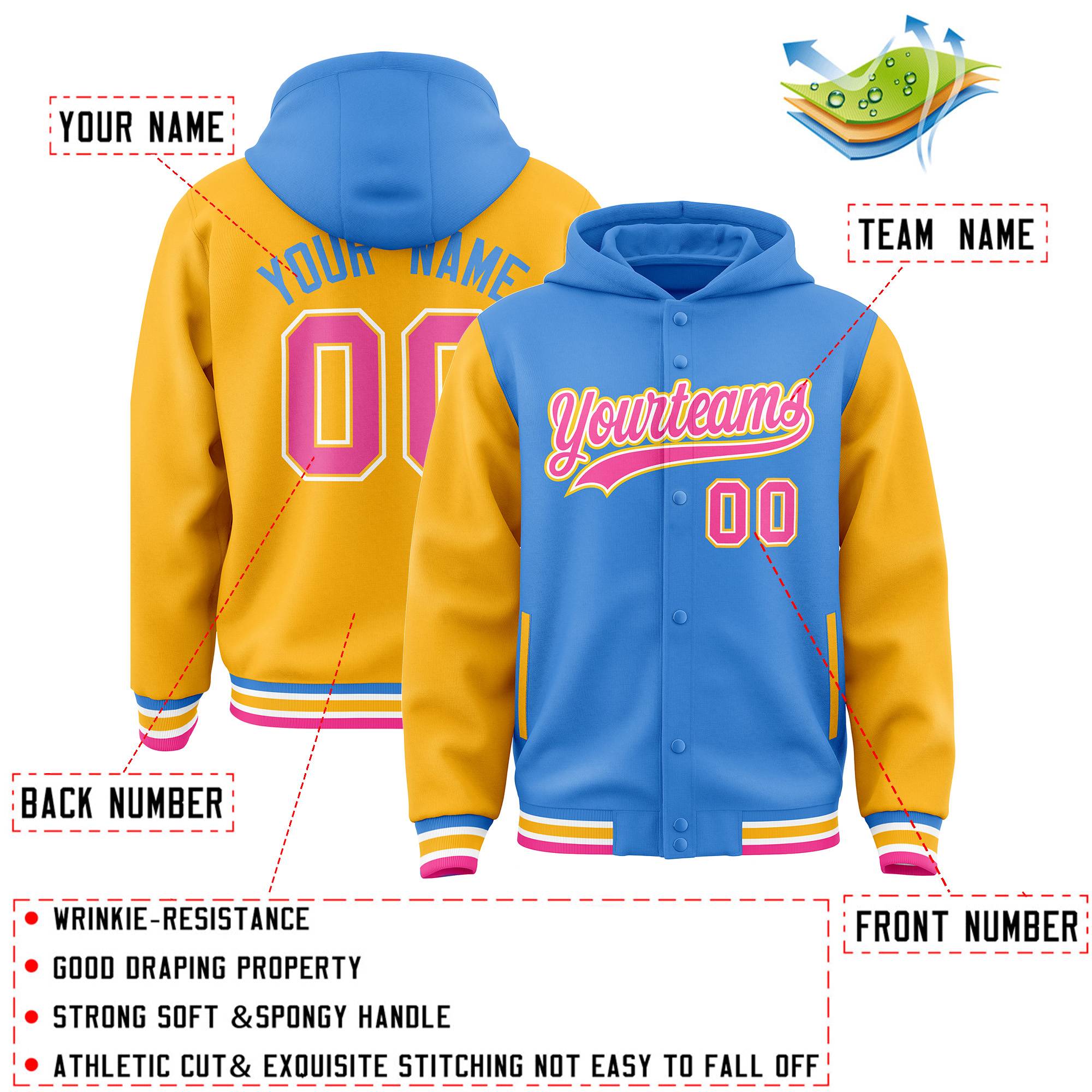 Custom Powder Blue Gold Raglan Sleeves Varsity Full-Snap Letterman Two Tone Hoodie Jacket