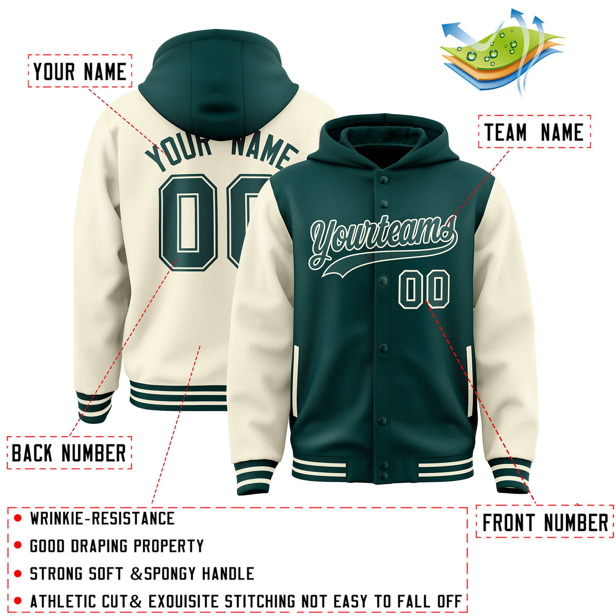 Custom Midnight Green Cream Raglan Sleeves Varsity Full-Snap Letterman Two Tone Hoodie Jacket