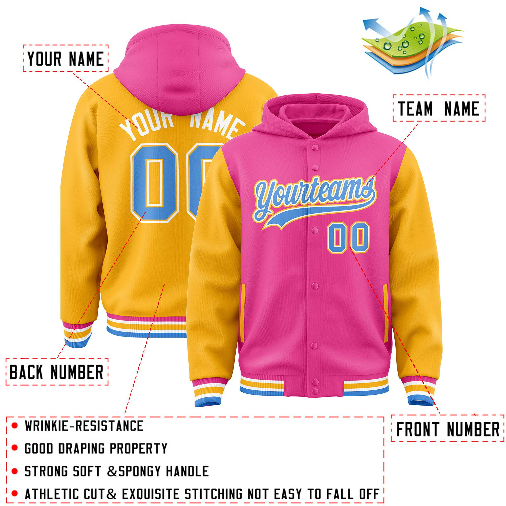 Custom Pink Gold Raglan Sleeves Varsity Full-Snap Letterman Two Tone Hoodie Jacket