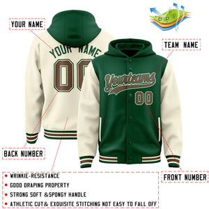 Custom Green Cream Raglan Sleeves Varsity Full-Snap Letterman Two Tone Hoodie Jacket