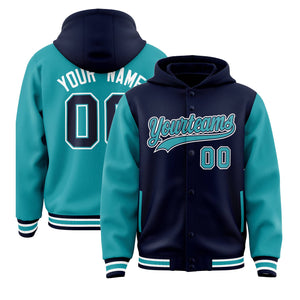 Custom Navy Aqua Raglan Sleeves Varsity Full-Snap Letterman Two Tone Hoodie Jacket