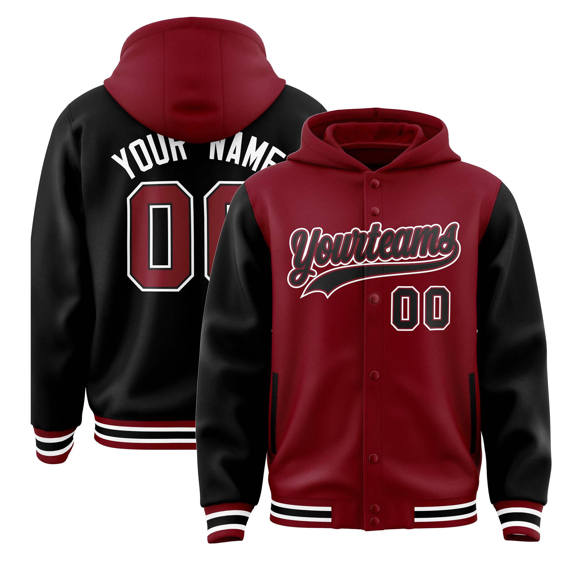 Custom Crimson Black Raglan Sleeves Varsity Full-Snap Letterman Two Tone Hoodie Jacket