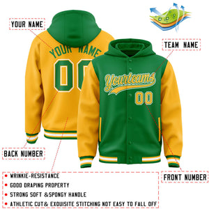 Custom Kelly Green Gold Raglan Sleeves Varsity Full-Snap Letterman Two Tone Hoodie Jacket