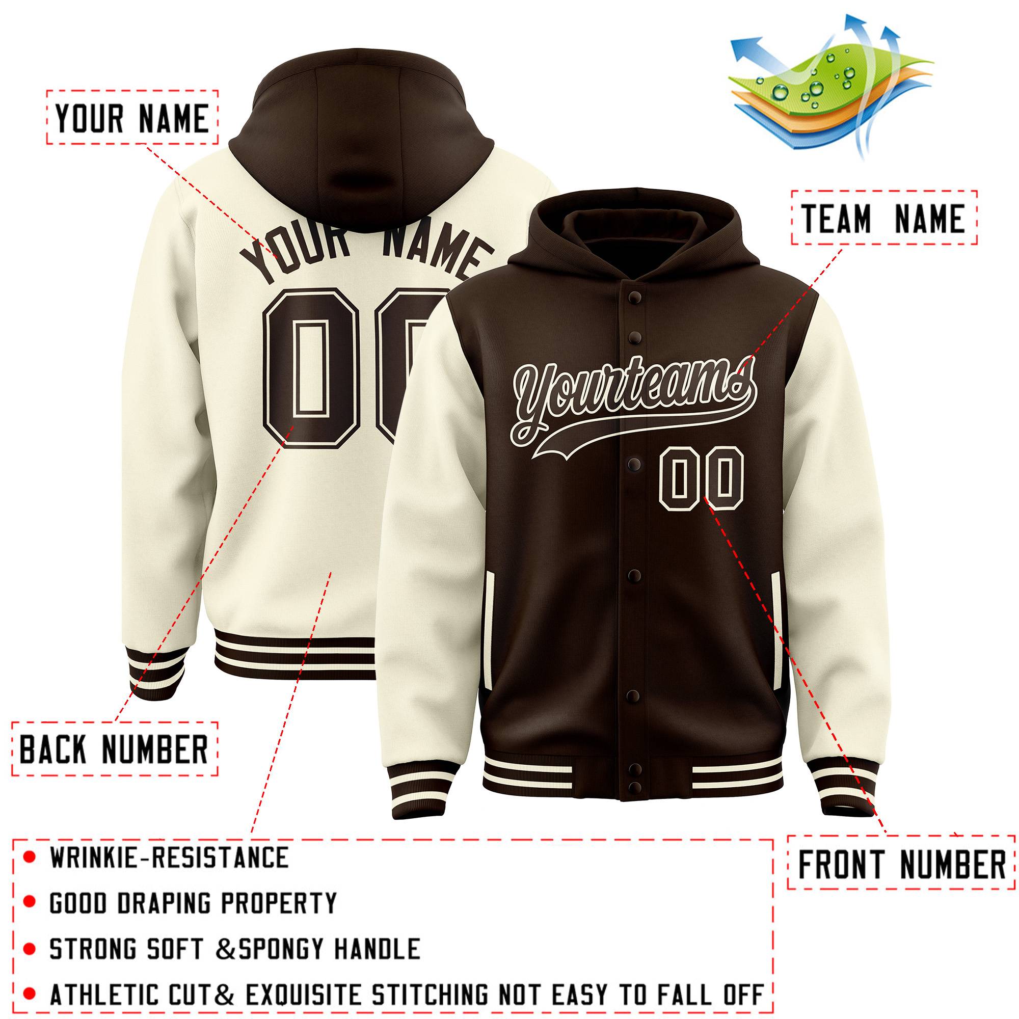 Custom Brown Cream Raglan Sleeves Varsity Full-Snap Letterman Two Tone Hoodie Jacket