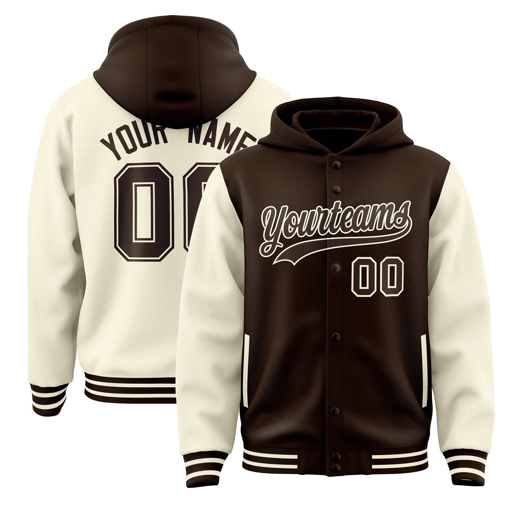 Custom Brown Cream Raglan Sleeves Varsity Full-Snap Letterman Two Tone Hoodie Jacket