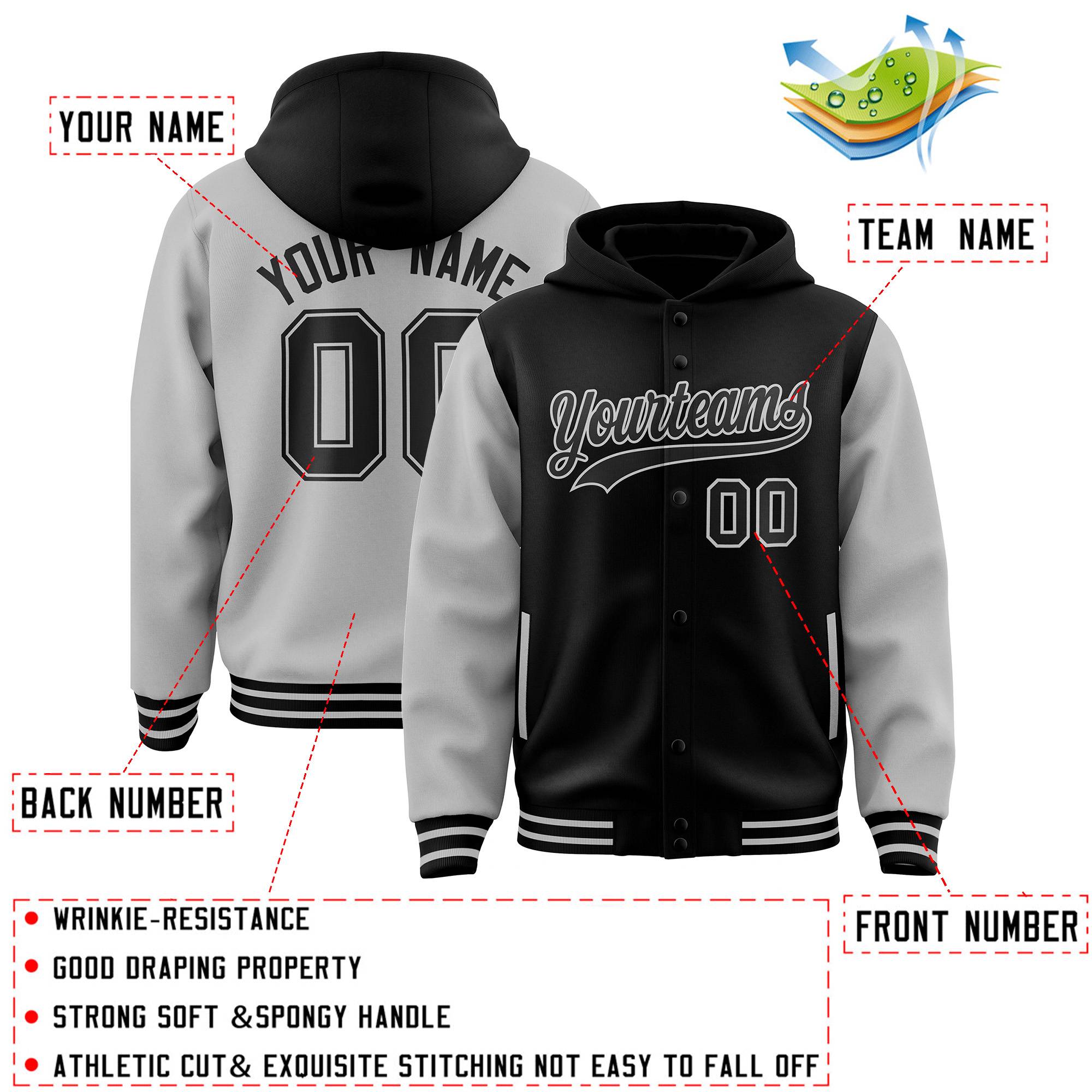 Custom Black Gray Raglan Sleeves Varsity Full-Snap Letterman Two Tone Hoodie Jacket