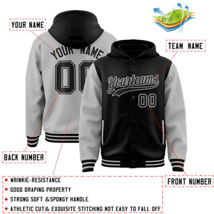 Custom Black Gray Raglan Sleeves Varsity Full-Snap Letterman Two Tone Hoodie Jacket