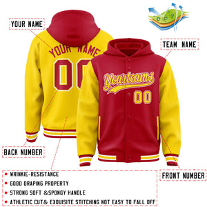 Custom Red Gold Raglan Sleeves Varsity Full-Snap Letterman Two Tone Hoodie Jacket