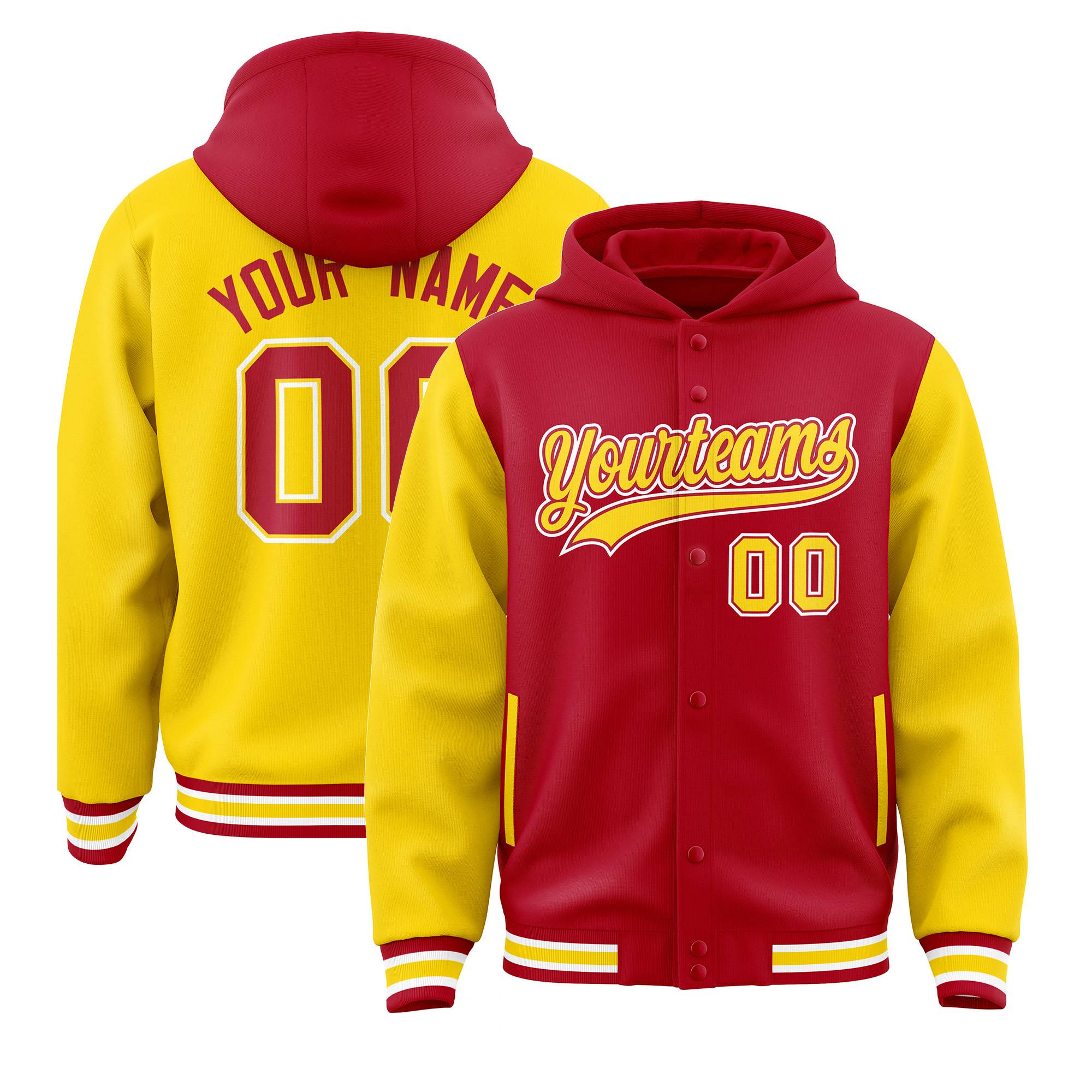 Custom Red Gold Raglan Sleeves Varsity Full-Snap Letterman Two Tone Hoodie Jacket