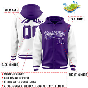 Custom Purple White Raglan Sleeves Varsity Full-Snap Letterman Two Tone Hoodie Jacket