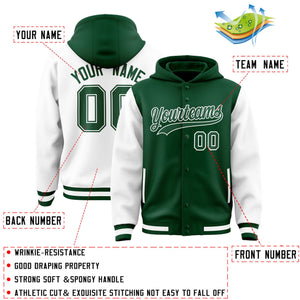 Custom Green White Raglan Sleeves Varsity Full-Snap Letterman Two Tone Hoodie Jacket