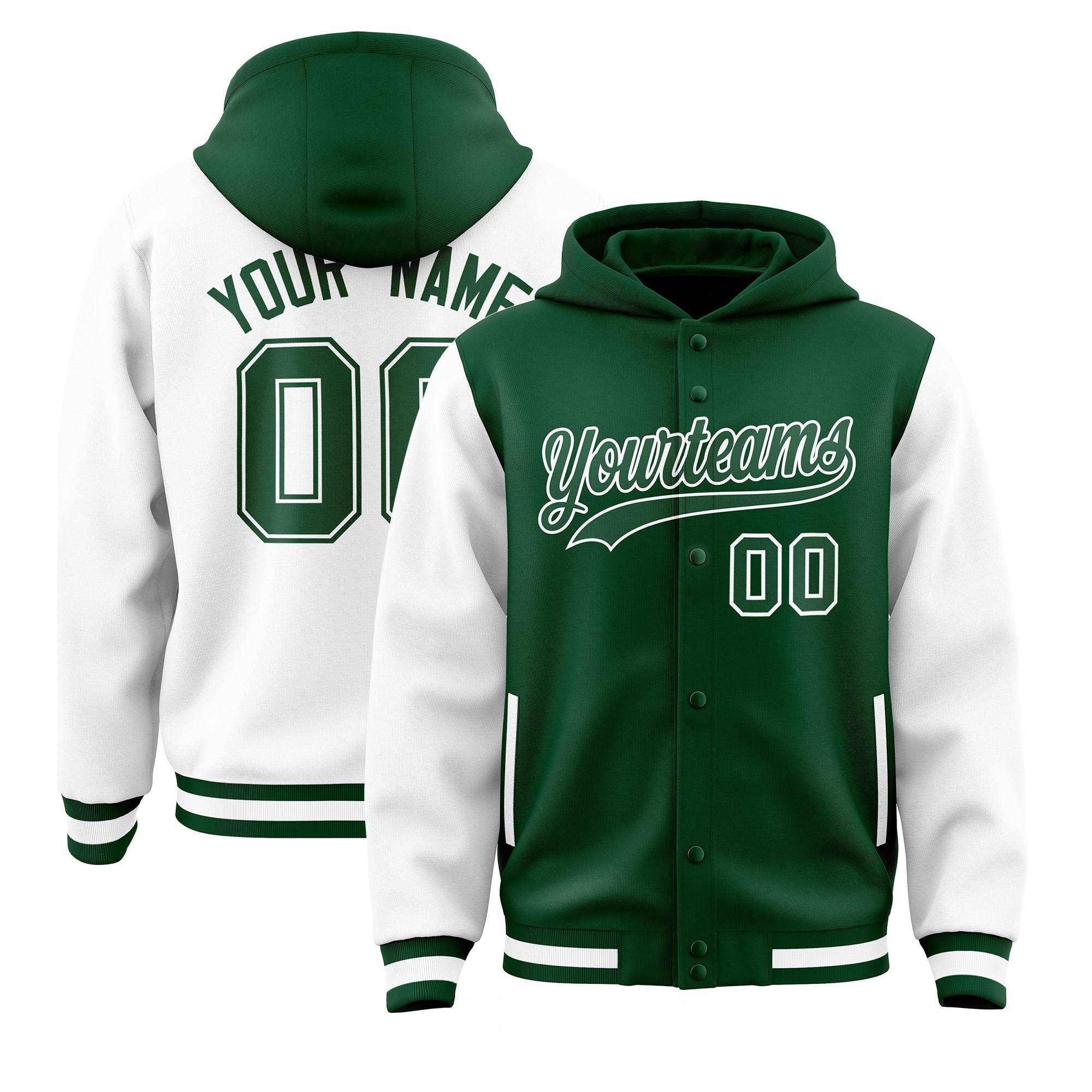 Custom Green White Raglan Sleeves Varsity Full-Snap Letterman Two Tone Hoodie Jacket