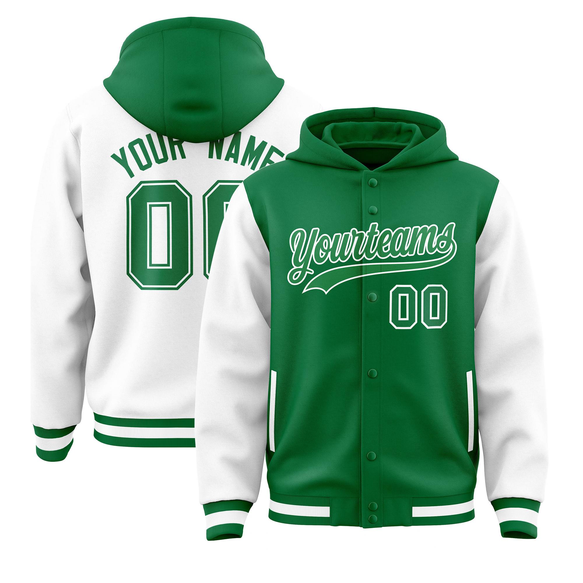 Custom Kelly Green White Raglan Sleeves Varsity Full-Snap Letterman Two Tone Hoodie Jacket