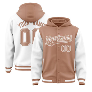 Custom Light Brown White Raglan Sleeves Varsity Full-Snap Letterman Two Tone Hoodie Jacket