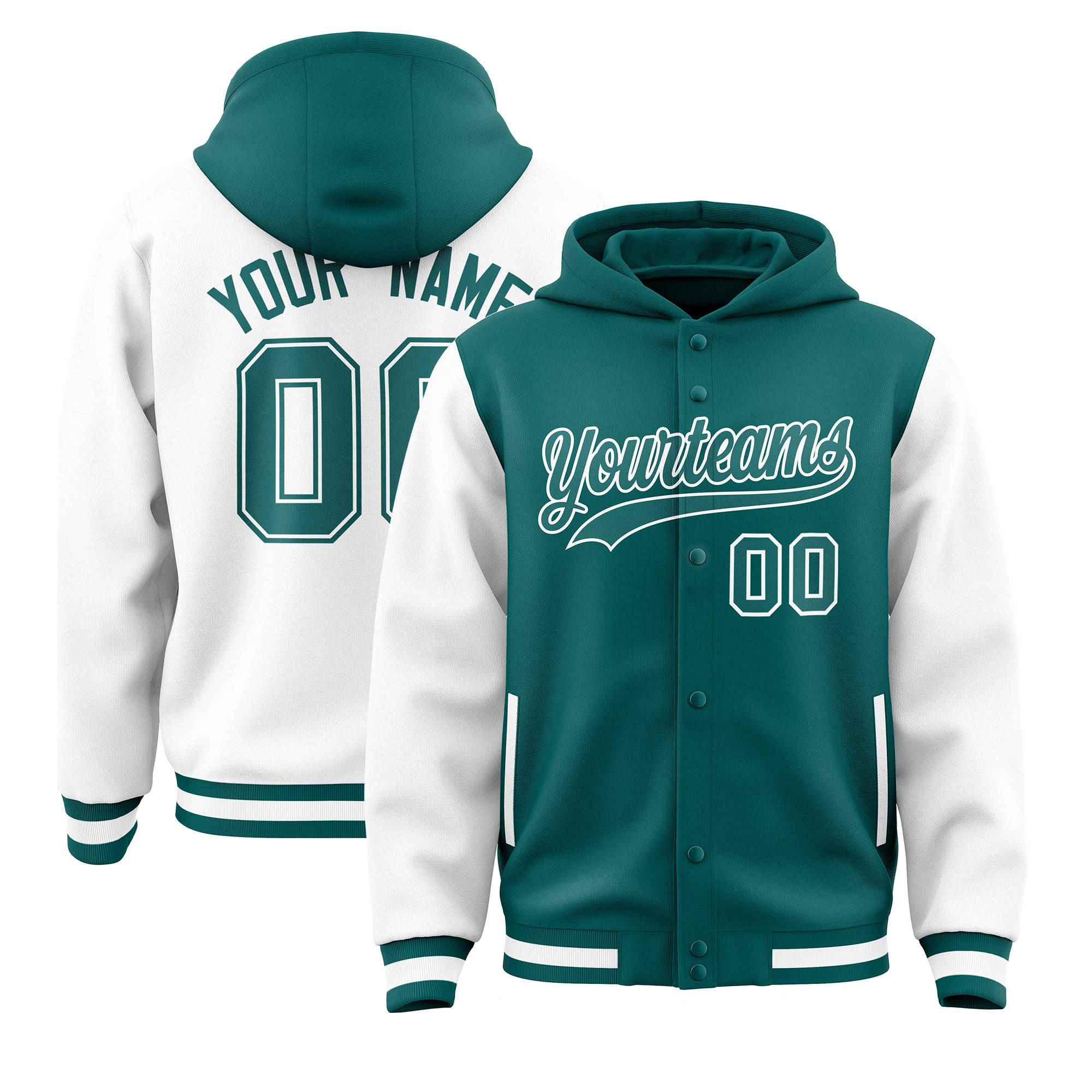 Custom Aqua White Raglan Sleeves Varsity Full-Snap Letterman Two Tone Hoodie Jacket