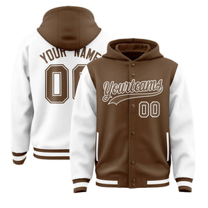 Custom Light Brown White Raglan Sleeves Varsity Full-Snap Letterman Two Tone Hoodie Jacket