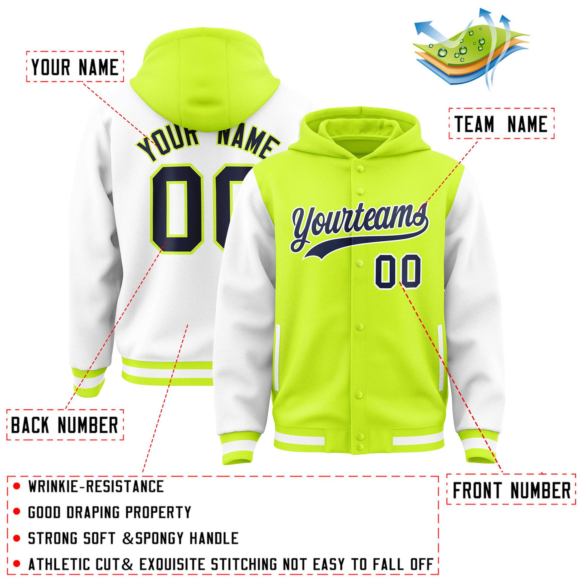 Custom Neon Green White Raglan Sleeves Varsity Full-Snap Letterman Two Tone Hoodie Jacket