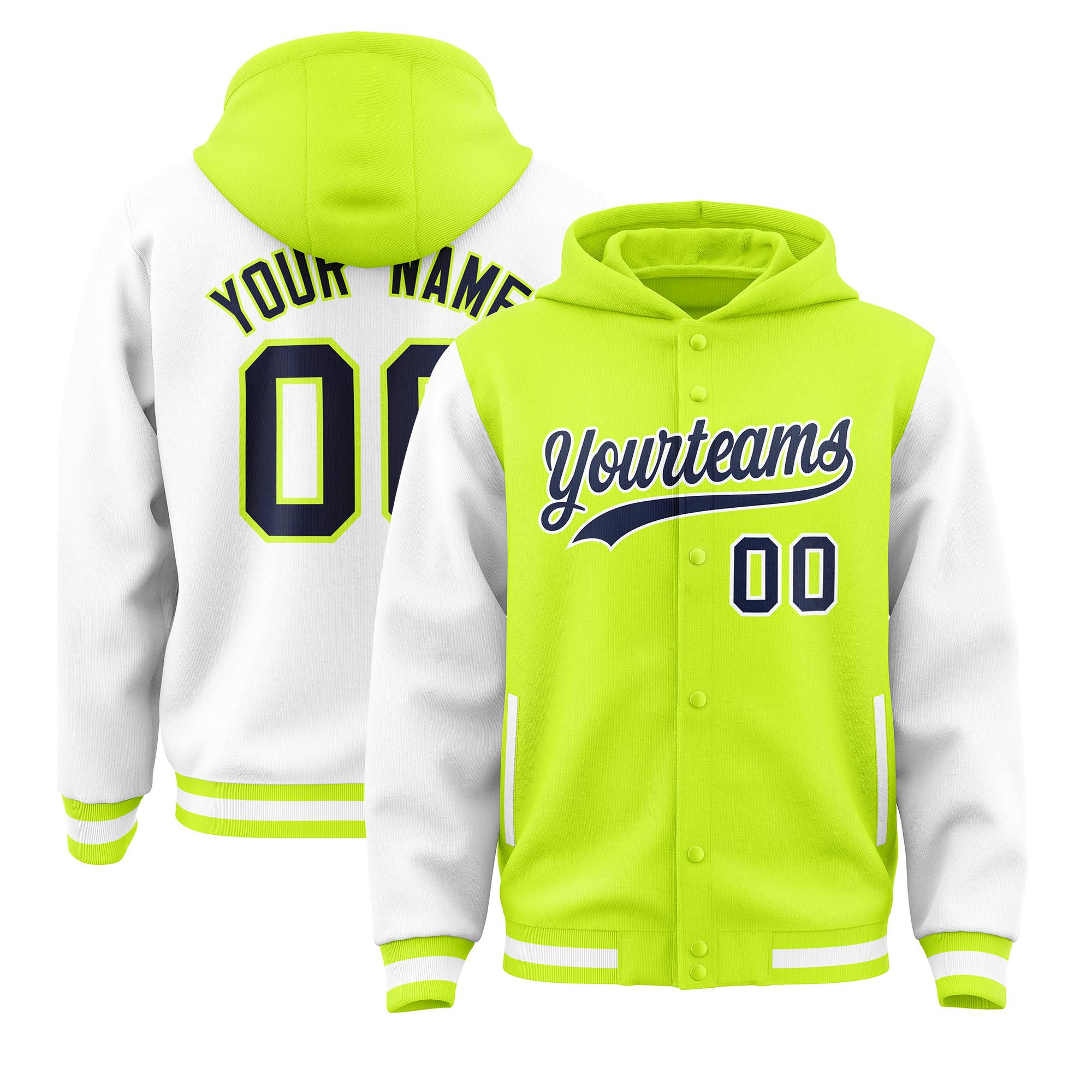 Custom Neon Green White Raglan Sleeves Varsity Full-Snap Letterman Two Tone Hoodie Jacket