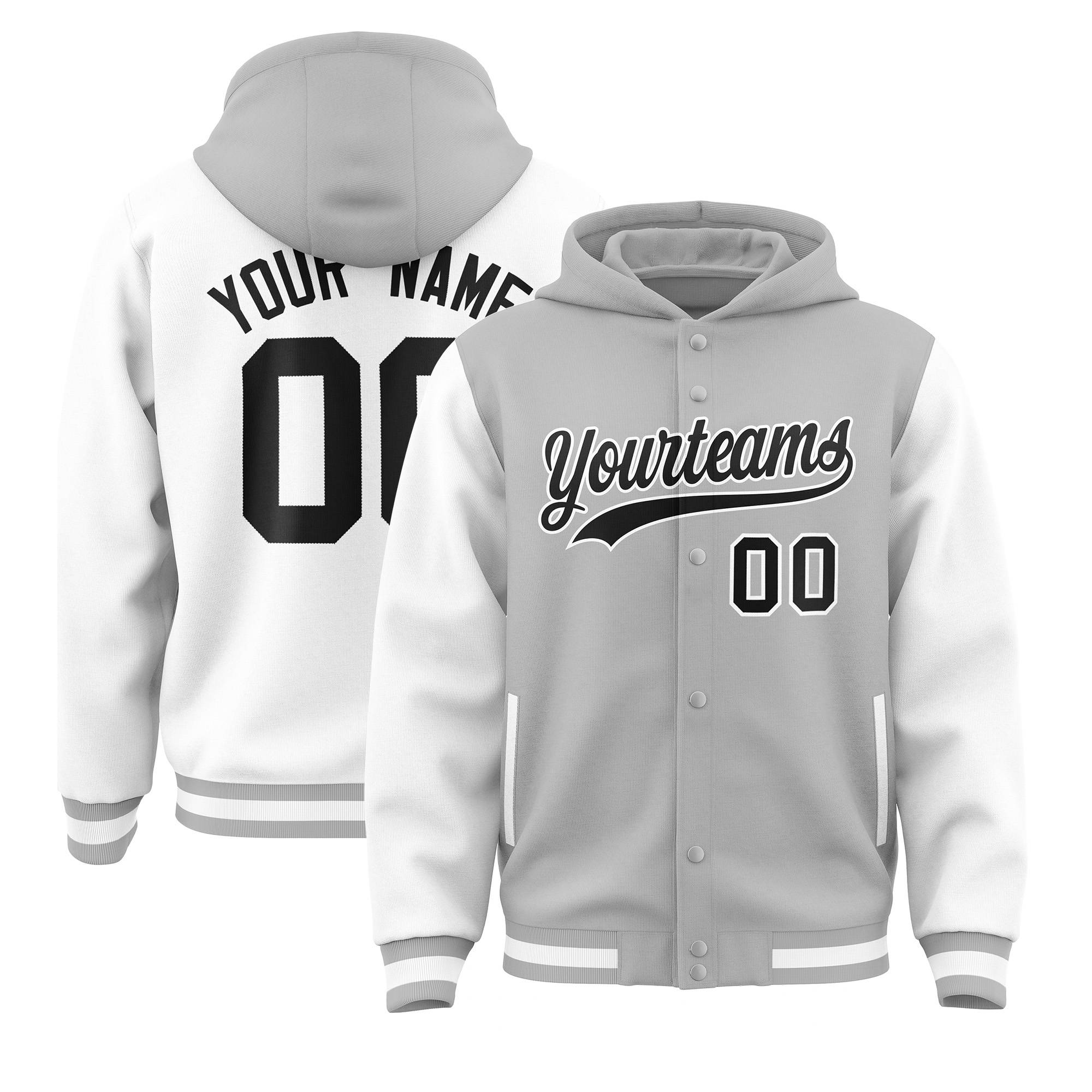 Custom Gray White Raglan Sleeves Varsity Full-Snap Letterman Two Tone Hoodie Jacket